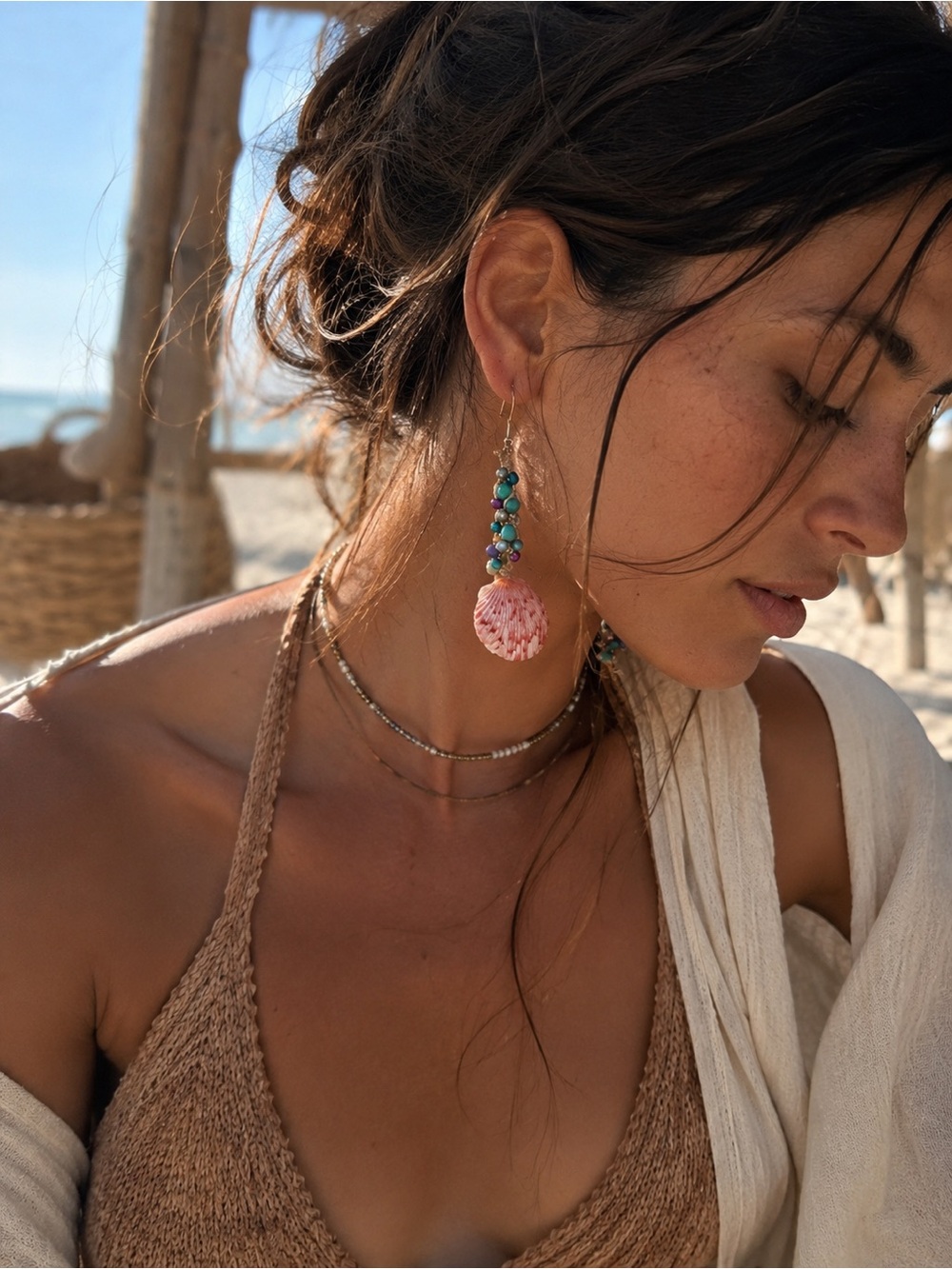 Bohemian Hemp & Beaded Nyla Calico Scallop Seashell Drop Earrings ~ Handmade